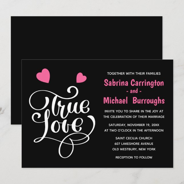 Black Wedding True Love Pink Hearts Typography Invitation (Front/Back)