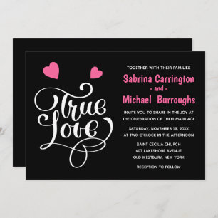 Black Wedding True Love Pink Hearts Typography Invitation