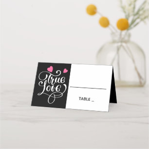 Black Wedding True Love Typography Pink Hearts Place Card