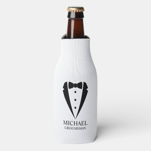 Black Wedding Tuxedo Suit Personalized Groomsmen Bottle Cooler (Bottle Front)