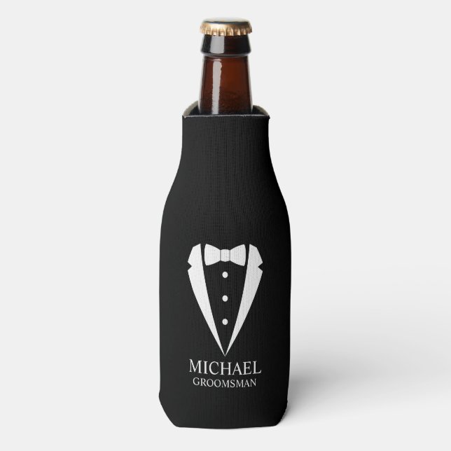 Black Wedding Tuxedo Suit Personalized Groomsmen Bottle Cooler (Bottle Front)
