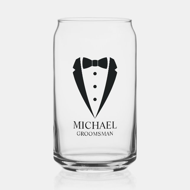 Black Wedding Tuxedo Suit Personalized Groomsmen Can Glass (Front)