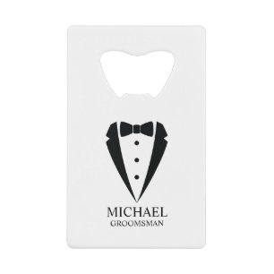 Black Wedding Tuxedo Suit Personalized Groomsmen Credit Card Bottle Opener