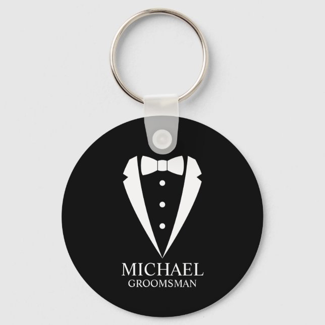 Black Wedding Tuxedo Suit Personalized Groomsmen Keychain (Front)
