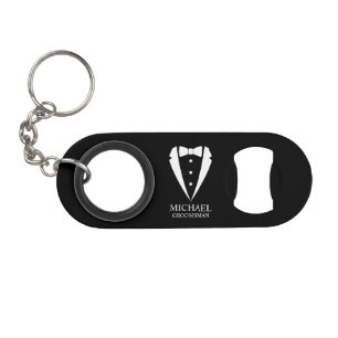 Black Wedding Tuxedo Suit Personalized Groomsmen Keychain Bottle Opener