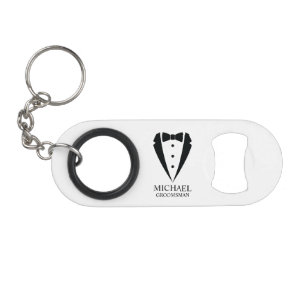 Black Wedding Tuxedo Suit Personalized Groomsmen Keychain Bottle Opener
