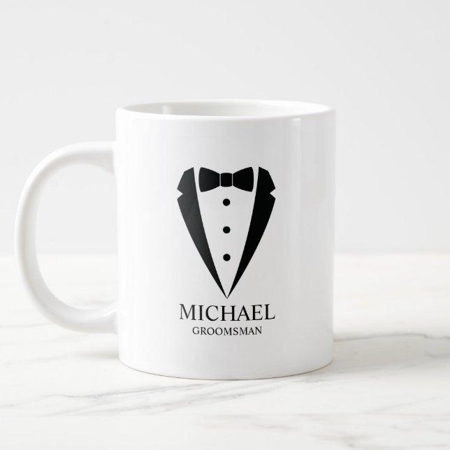Black Wedding Tuxedo Suit Personalized Groomsmen Large Coffee Mug (Left)