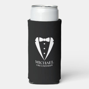 Black Wedding Tuxedo Suit Personalized Groomsmen Seltzer Can Cooler