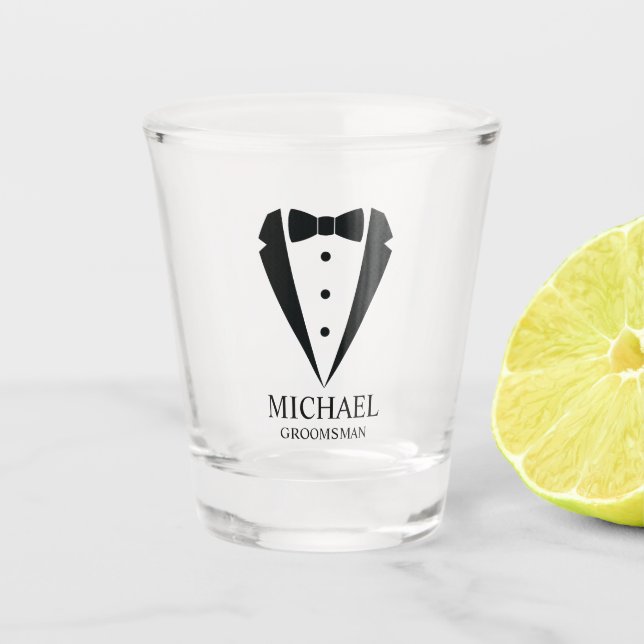 Black Wedding Tuxedo Suit Personalized Groomsmen Shot Glass (Front)