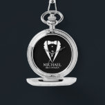 Black Wedding Tuxedo Suit Personalized Groomsmen Watch<br><div class="desc">Make Your Wedding Unforgettable – Add a personal touch with a custom groomsmen gift
featuring a tuxedo suit and bow tie illustration with a personalized groomsman's name and title in a classic serif font.
A perfect keepsake for your groomsmen, best man, father of the bride, and more!</div>