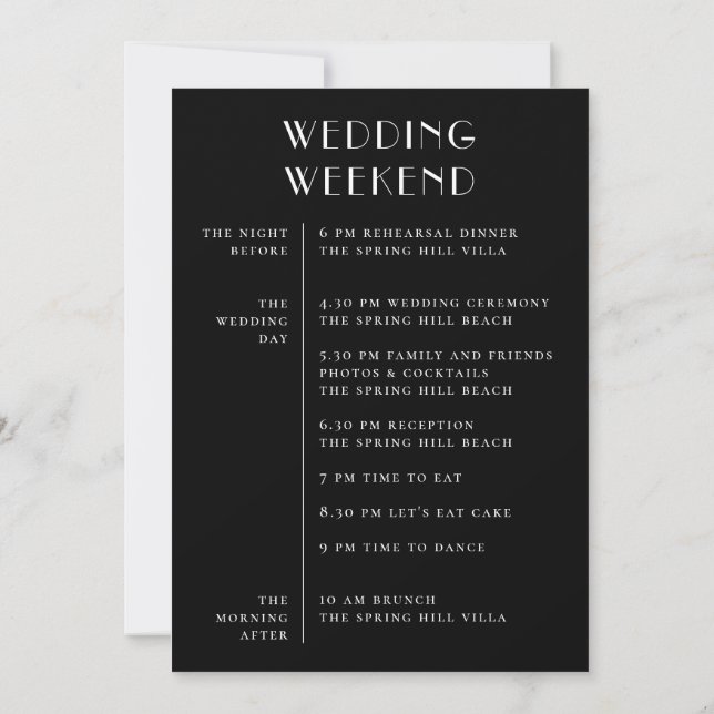 Black Wedding Weekend Itinerary | Modern Schedule  Invitation (Back)
