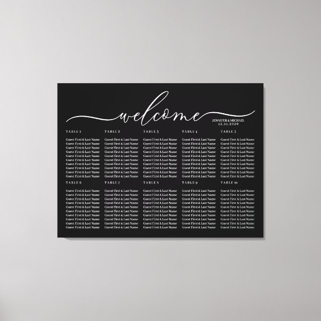 Black Wedding Welcome Seating Table Numbers Canvas Print (Front)