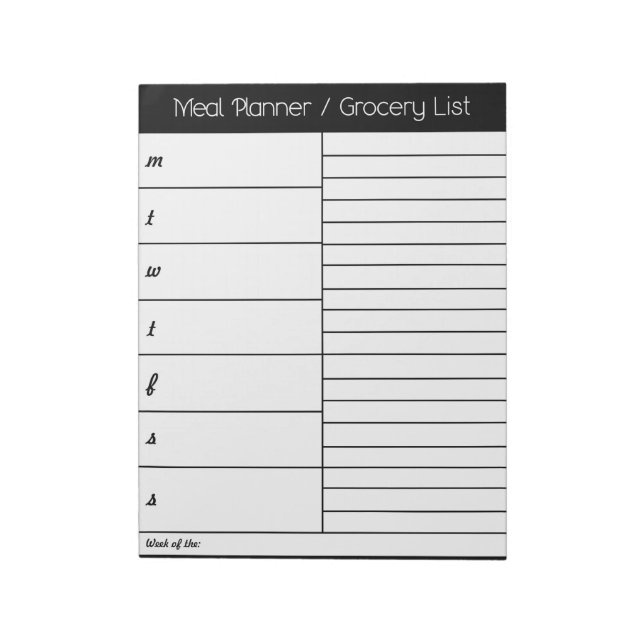 Black Weekly Meal Planner - Shopping List Notepad (Rotated)