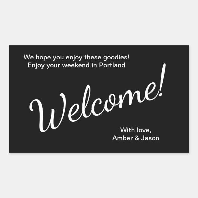 Black Welcome Guests Gift Basket Bag Wedding Sticker (Front)