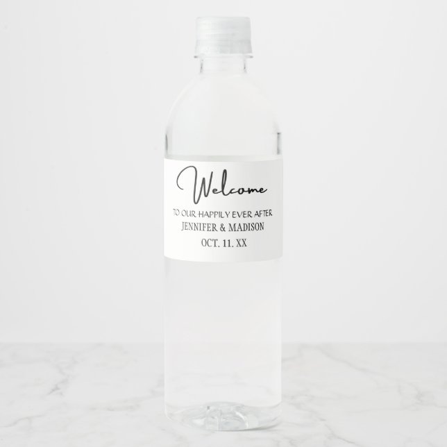Black Welcome Lettering Custom Wedding Water B Water Bottle Label (Front)
