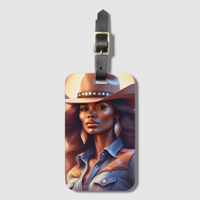 Black Western Cowgirl Denim Luggage Tag (Front Vertical)