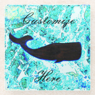 black whale swimming glass coaster