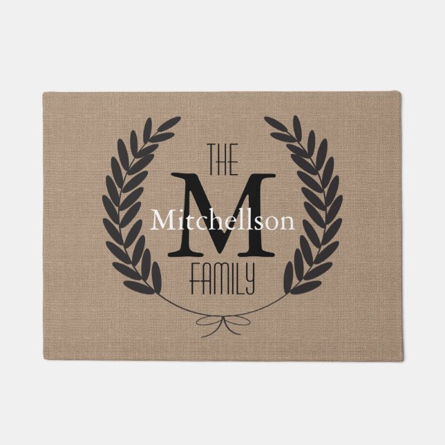 Black Wheat Laurels Burlap - Personalized Doormat (Front)