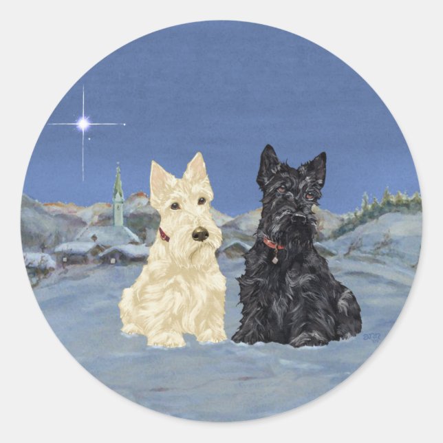 Black & Wheaten Scottish Terriers Winter Classic Round Sticker (Front)