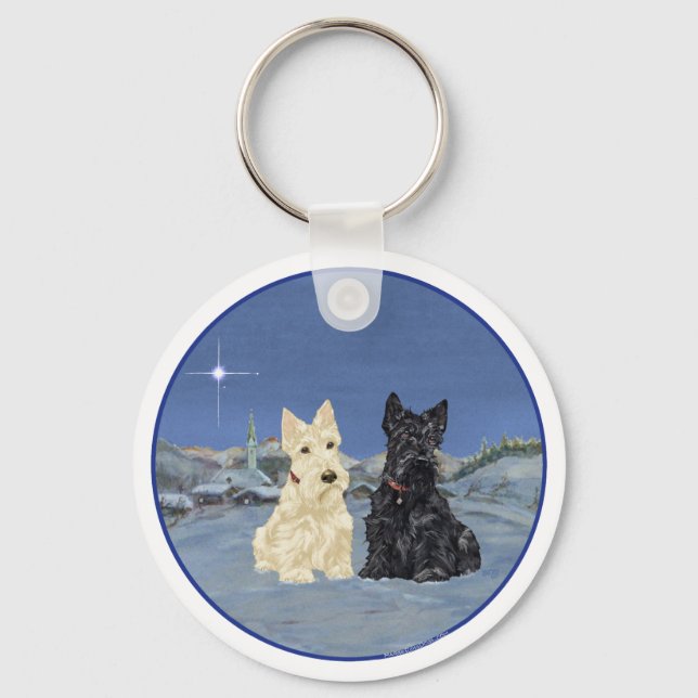Black & Wheaten Scottish Terriers Winter Keychain (Front)