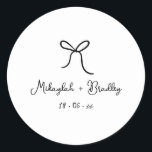 Black Whimsical Bow Personalized Wedding  Classic Round Sticker<br><div class="desc">Black Whimsical Hand Drawn Bow Wedding Stickers. Personalize with your names and wedding date in black handwritten style font.</div>