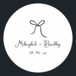 Black Whimsical Bow Personalized Wedding  Classic Round Sticker<br><div class="desc">Black Whimsical Hand Drawn Bow Wedding Stickers. Personalize with your names and wedding date in black handwritten style font.</div>
