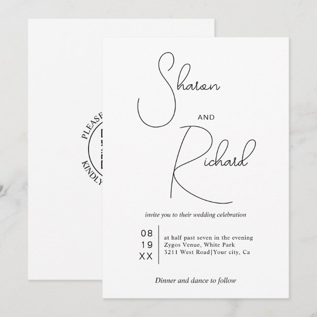 Black whimsical calligraphy Qr code white wedding Invitation (Front/Back)