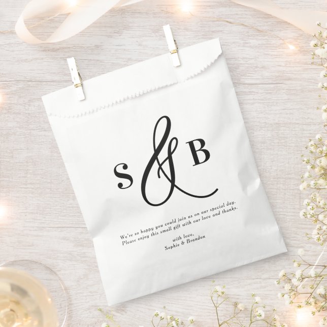 Black Whimsical Calligraphy Wedding Monogram Favour Bag (Clipped)