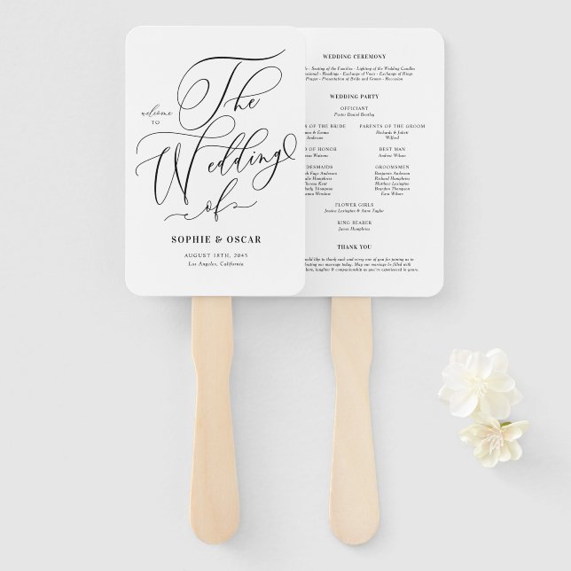 Black Whimsical Calligraphy Wedding Programs Hand Fan (Front and Back)