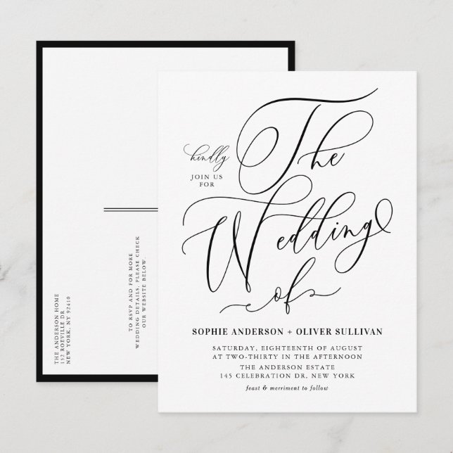 Black Whimsical Calligraphy Wedding QR Code Invitation Postcard (Front/Back)