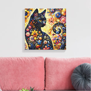 Black Whimsical Cat Abstract Floral Painting Art  Canvas Print