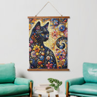Black Whimsical Cat Abstract Floral Painting Art