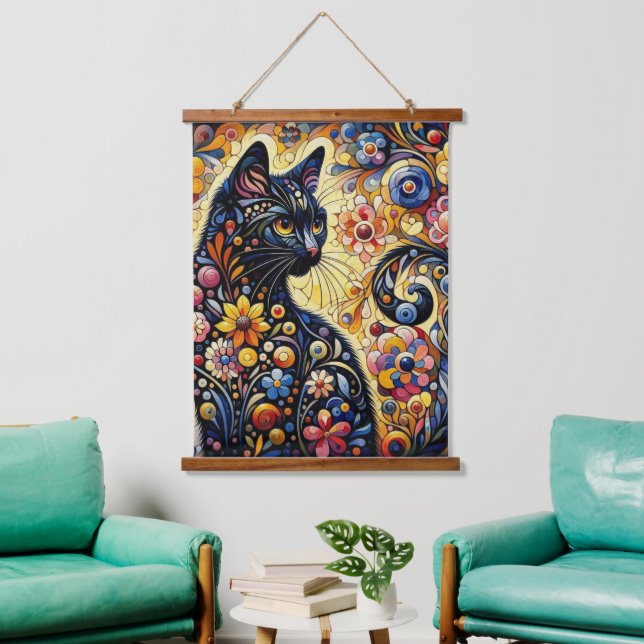 Black Whimsical Cat Abstract Floral Painting Art  Hanging Tapestry (Living Room)