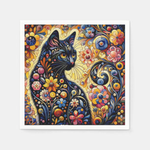 Black Whimsical Cat Abstract Floral Painting Art  Napkin