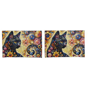 Black Whimsical Cat Abstract Floral Painting Art  Pillowcase