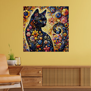 Black Whimsical Cat Abstract Floral Painting Art Poster