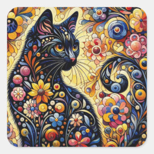 Black Whimsical Cat Abstract Floral Painting Art  Square Sticker
