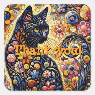 Black Whimsical Cat Abstract Floral Painting Art  Square Sticker