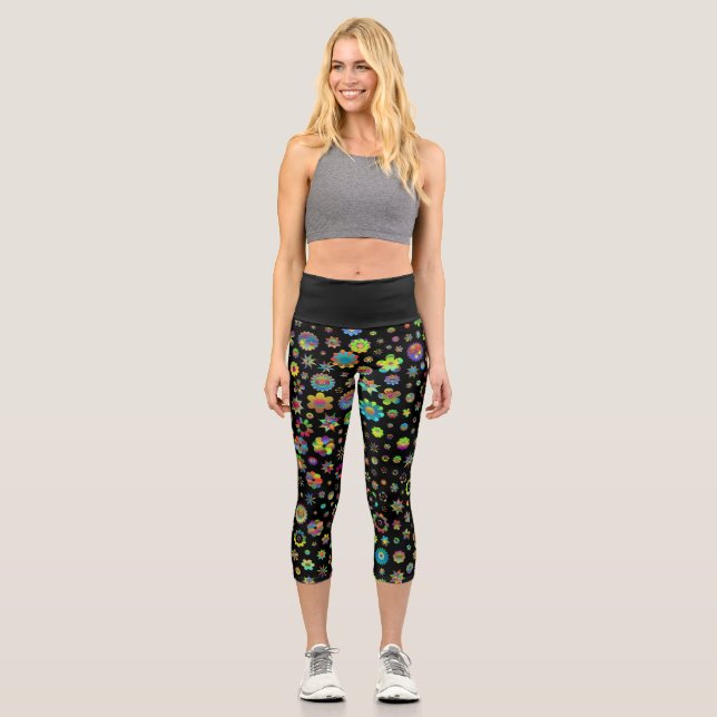 Black Whimsical Colourful Flowers Capri Leggings (Front)
