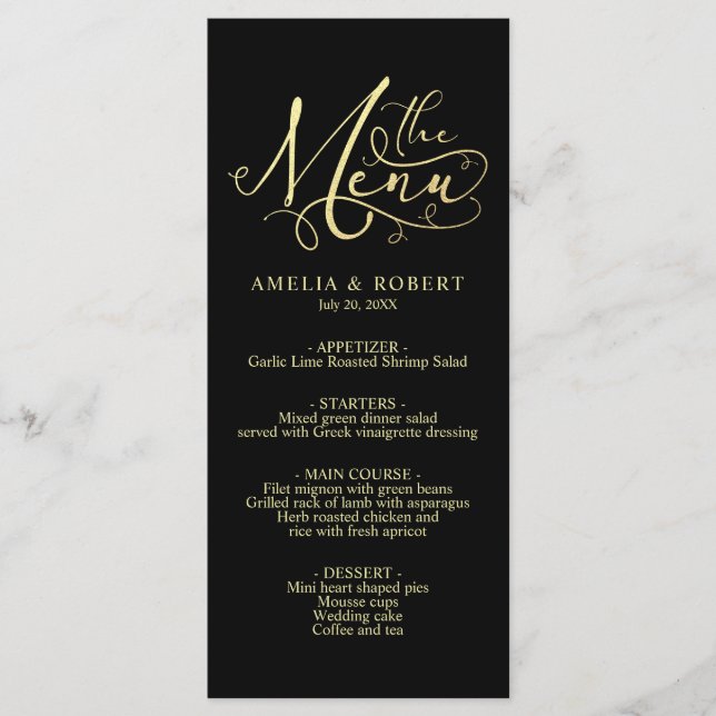 Black Whimsical Elegant Gold Calligraphy Menu (Front)