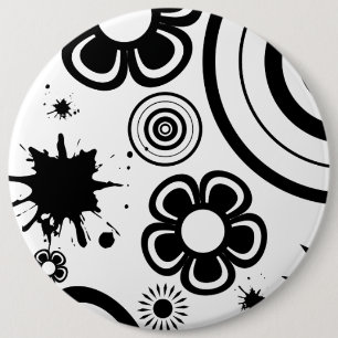 Black Whimsical Flowers, Circles, Splatter Pattern 6 Inch Round Button