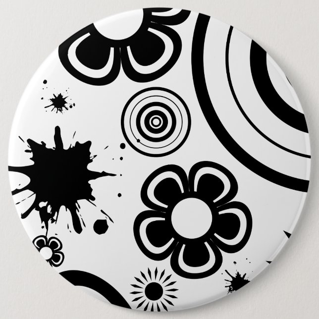 Black Whimsical Flowers, Circles, Splatter Pattern 6 Inch Round Button (Front)