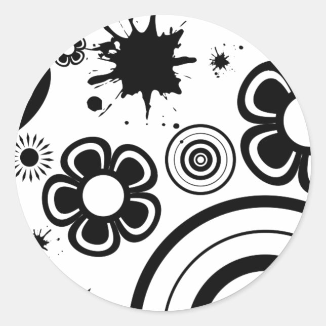 Black Whimsical Flowers, Circles, Splatter Pattern Classic Round Sticker (Front)