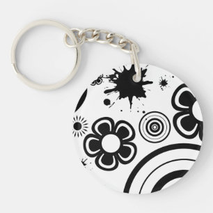 Black Whimsical Flowers, Circles, Splatter Pattern Keychain