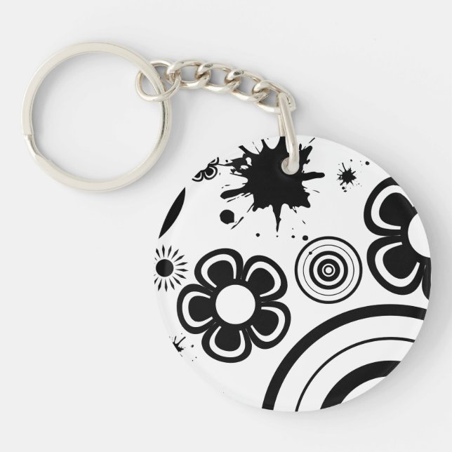 Black Whimsical Flowers, Circles, Splatter Pattern Keychain (Front)