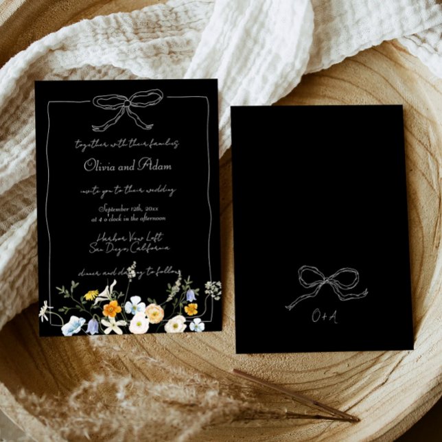 Black Whimsical Hand Drawn Bow Wildflower Wedding Invitation (Creator Uploaded)