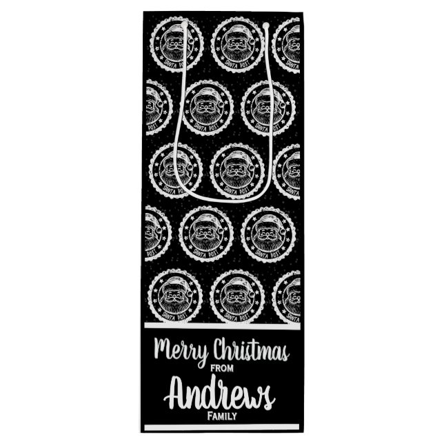 Black Whimsical Santa postage stamp  Wine Gift Bag (Front)