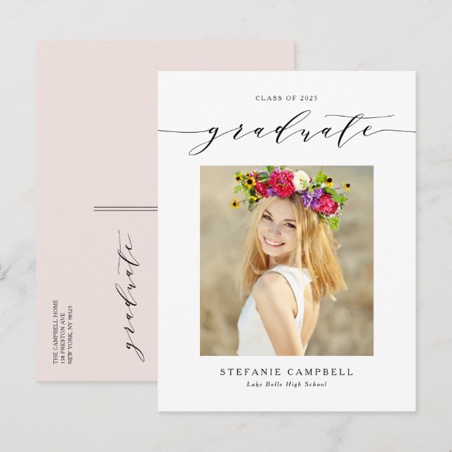 Black Whimsical Script Photo Graduation Announcement Postcard (Front/Back)