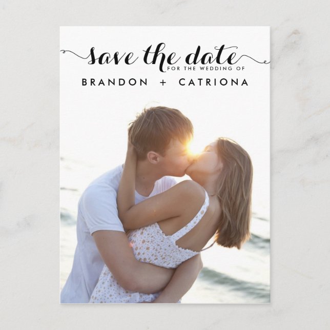 BLACK WHIMSICAL SCRIPT SAVE THE DATE POSTCARD (Front)