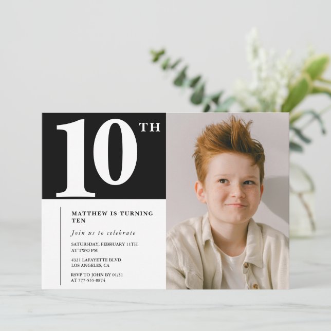 Black White 10th birthday invitation Chic Photo (Standing Front)